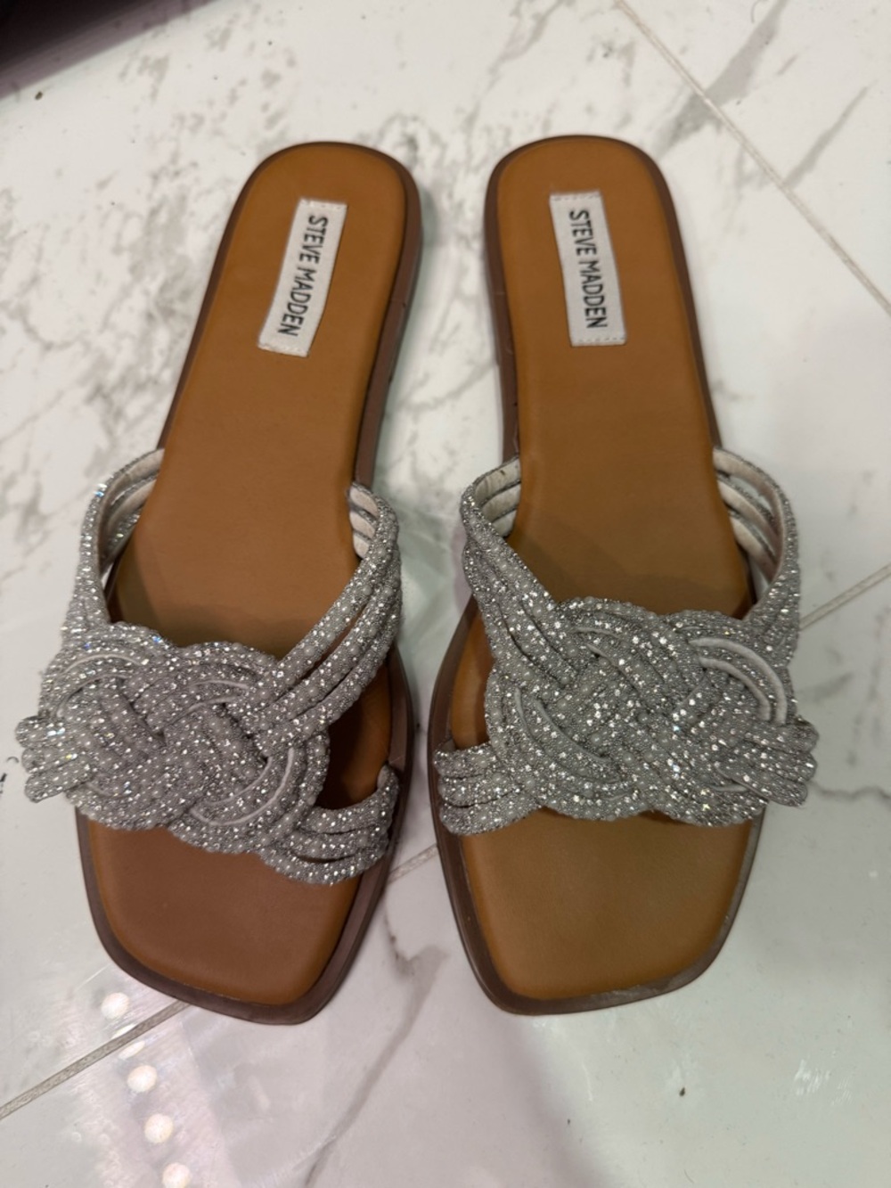 Steve Madden Silver Knotted Slide Sandals with Tan Footbed